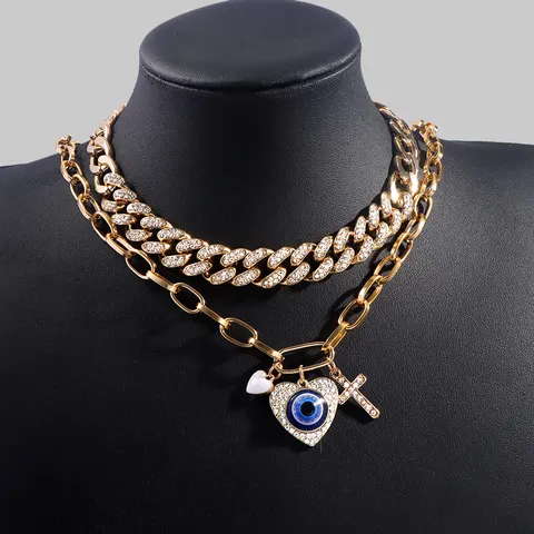 Golden Cuban Link Chain Rhinestone Choker Necklace For Women Punk Evil Eye Heart Cross Crystal Necklace Hip Hop Jewelry