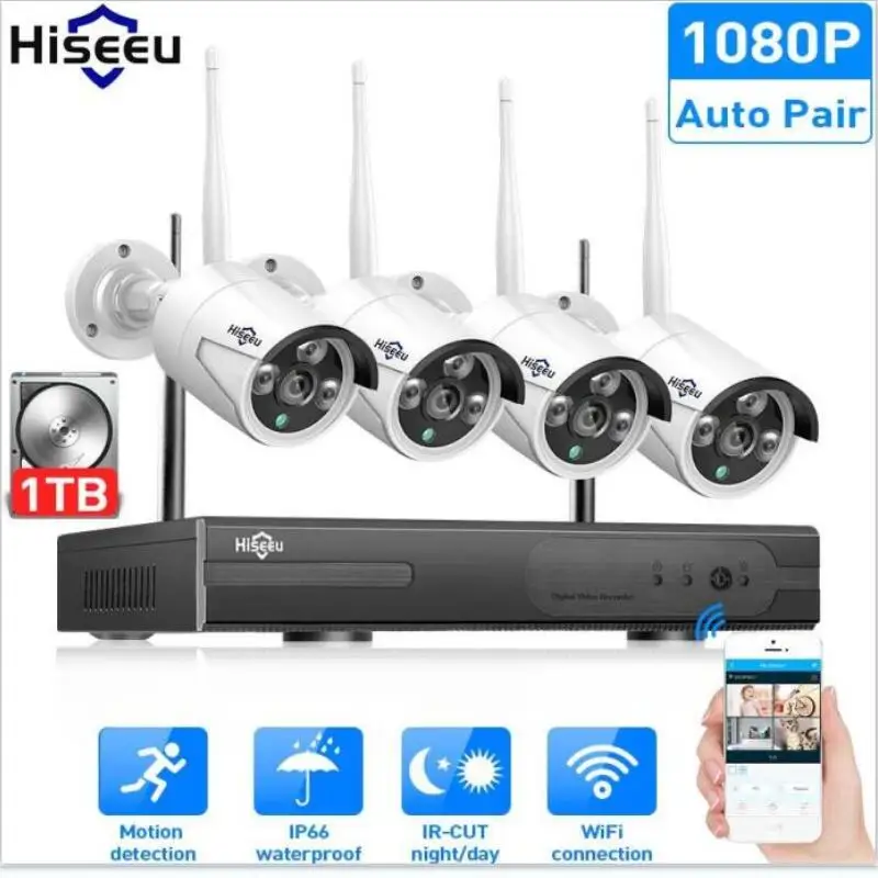 Hiseeu 8CH Wireless NVR 4 / 6 PCS 1080P 2MP CCTV system kit Outdoor IR Night Vision IP Wifi Camera Security Cameras Surveillance