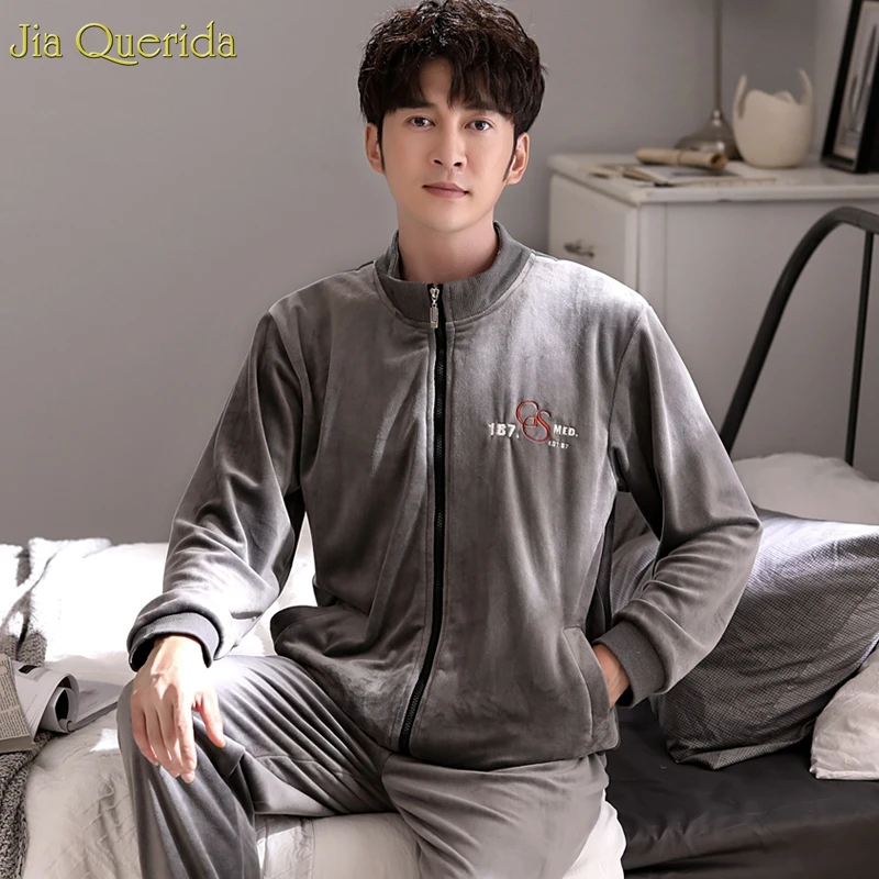 

Men's Baseball Style Sporty Home Suits Winter Quality Velvet Pajamas Long Sleeve Zipper Jacket Plus Size Embroidery Males Pj Set