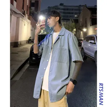 

2020 Summer New Youth Popular Loose Solid Color Tooling Denim Short Sleeve Shirt Fashion Casual Loose Top Blue / Sky Blue