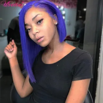

UBETTA 100% Real Hair Blue Bob Wig Brazilian Virgin Human Hair Wigs Straight Middle Glueless Remy With Baby Hair Black Women