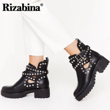 

RIZABINA Woman Ankle Boots Rivets Thick Heel Punk Boots Woman Buckle Fashion Cool Spring Shoes Winter Women Footwear Size 36-41