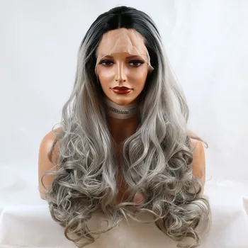 

Black to Grey Ombre Wig Synthetic Lace Front Wig for Women Heat Friendly Fiber Hair Half Hand Tied Daily Wear Makeup Wigs