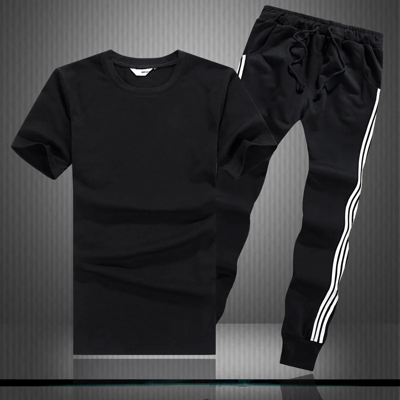 

Hot Sales T-shirt Sports Set Men's Summer Short Sleeve Couples Two-Piece Set Three Bars Casual Pants Set