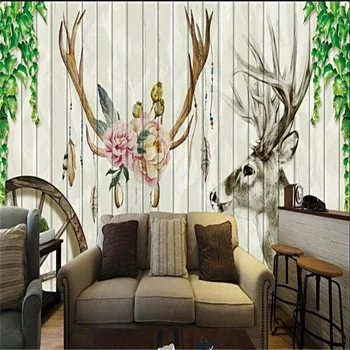 

Custom large 3D wallpaper mural abstract hand painted European style wooden deer head TV background wall