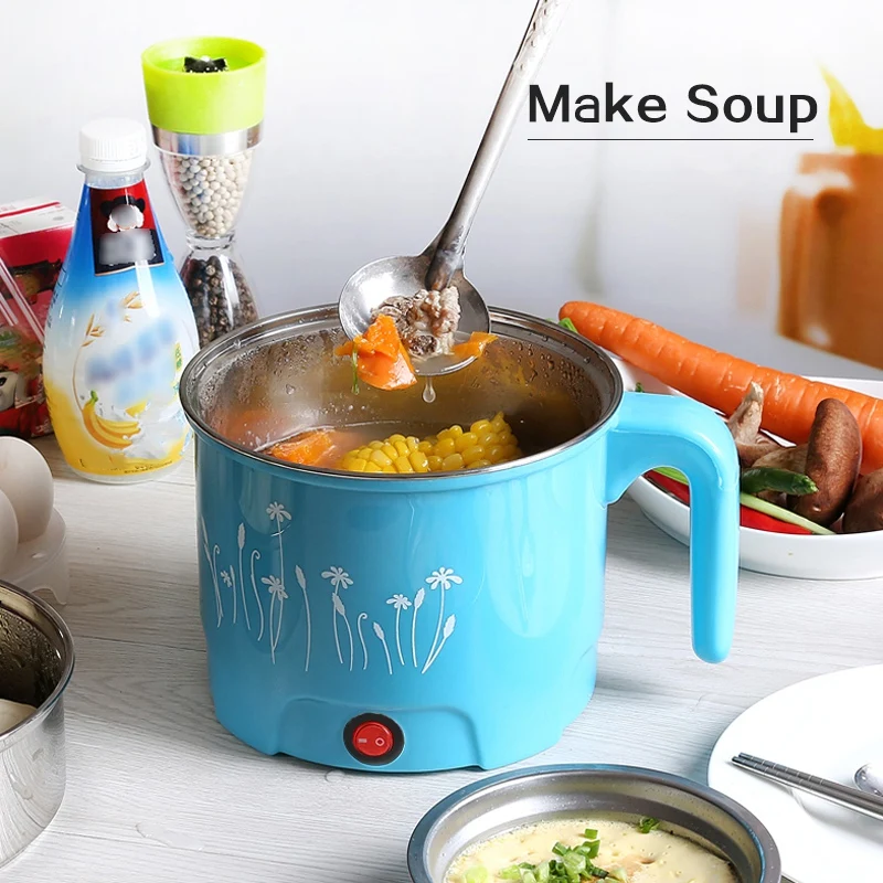 Multifunction 1.8L Electric Skillet Stainless Steel Hot Pot Noodles Rice Cooker Steamed Egg Soup Pot Mini Heating Pan Blue-Eu Pl