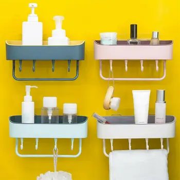 

NEW Wall Mounted Bathroom Shelf Organizer Plastic Rectangle Shower Shelf for Closets Kitchen Bathroom Supplies 4 Color Dropship