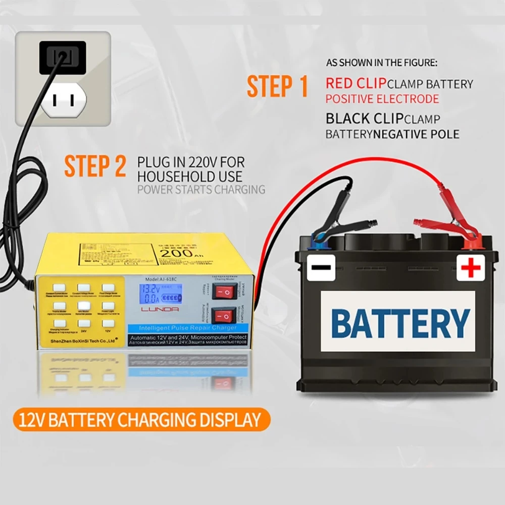250V 200AH 자동차 배터리 충전기 5 단계 지능형 충전 스마트 펄스 자동 배터리 수리 12V/24V 트럭 오토바이에 대 한