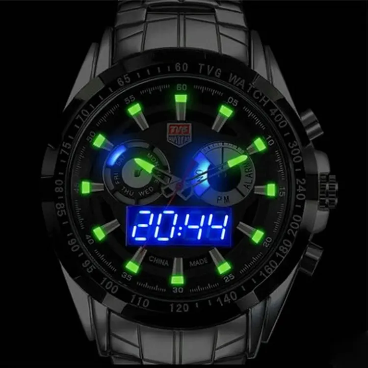 

TVG Men Multi-functional LED Alarm Fashion Watches Dual Display Sports Waterproof Night Light Steel Belt