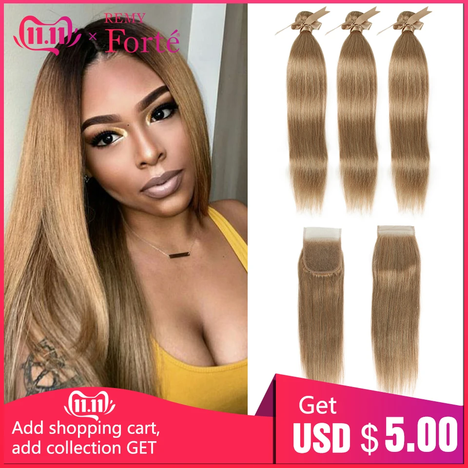 

Remy Forte Straight Hair Bundles With Closure BLONDE Bundles With Closure Peruvian Hair Weave Bundles 3/4 Colored Hair Bundles