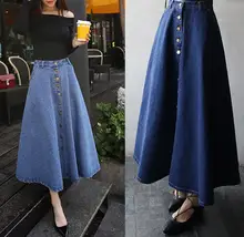 Линия джинсовая юбка для дам сплошной Цвет Высокая Талия Джинсовая юбка Для женщин high Street длинная