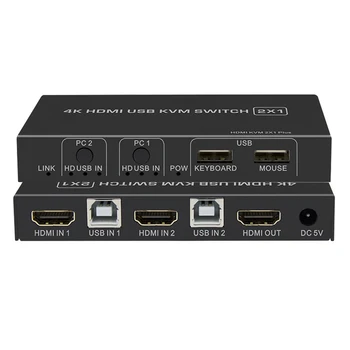 

2 port HDMI KVM Switch 2X1 USB HDMI KVM Switcher 4K with button&wire control for win10/8/7 mac os.