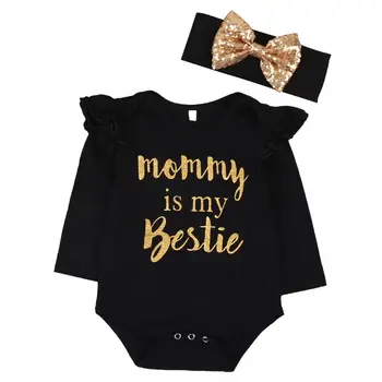 

Newborn Baby Girls Clothes Floral "Mommy is My bestie" Bodysuit Romper +headband (9-12 Months, Black)