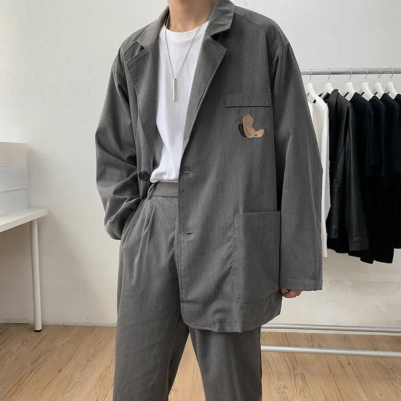 

Men's suit 2020 Autumn new slim solid color cartoon print long sleeve suit loose casual lapel personality youth men's wear