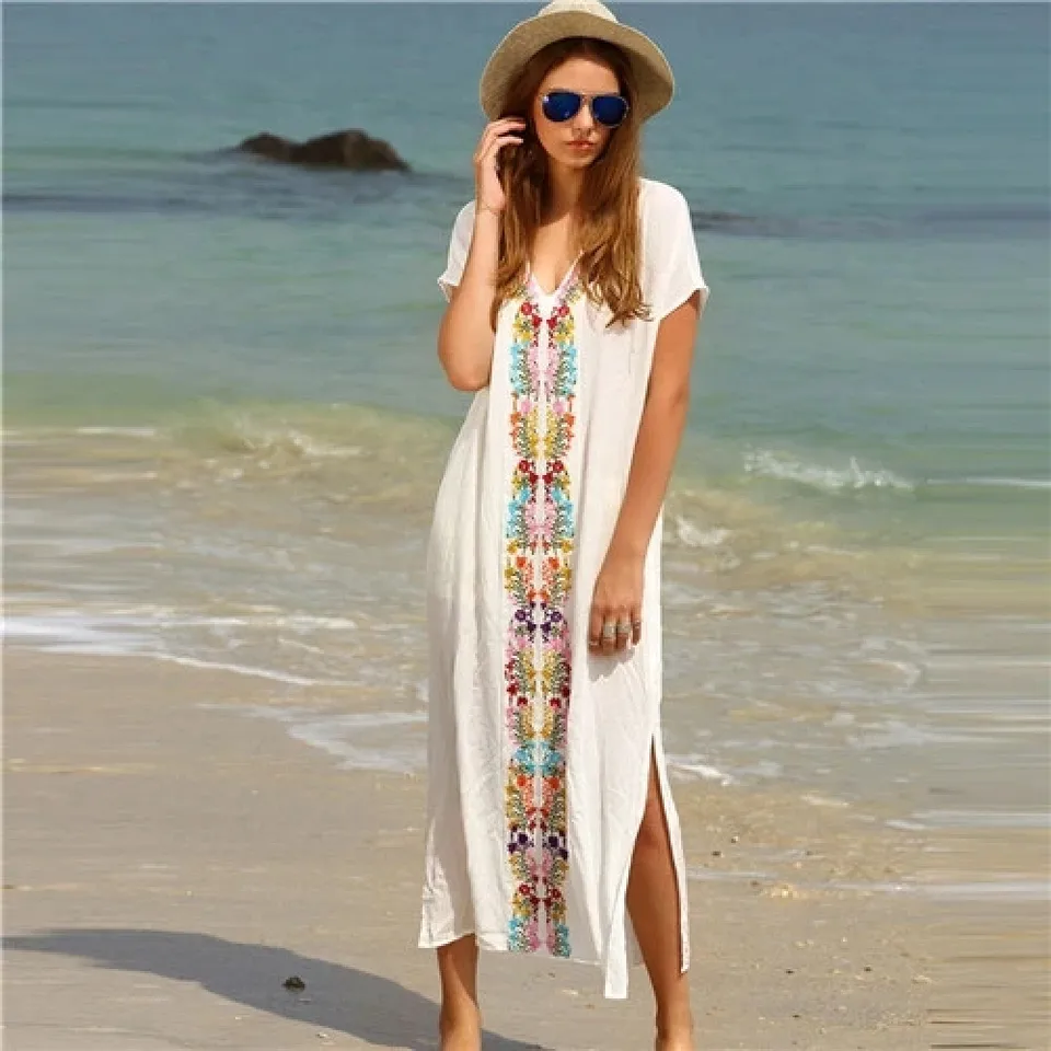 v neck long sleeve printed split casual dress