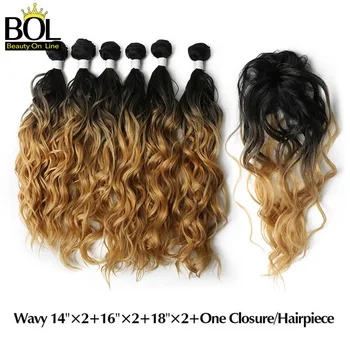 

Natural Wave Synthetic Hair Bundles 6 Bundles with Closure Black Brown Color High Temperature Resistant Fiber Hair Extensions