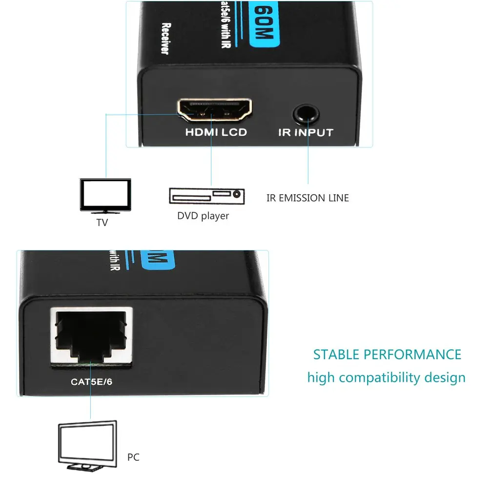 Цифровой HDMI удлинитель через один Cat5e/6 с ИК 60 м поддержка HD видео аудио 1080P HDCP совместимый с VGA/SVGA/XGA/SXGA/UXGA