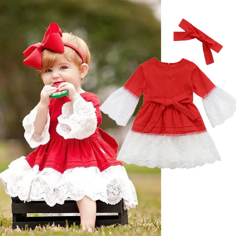 

2019 Fashion Newborn Kids Baby Girls Princess Party Lace Tutu Dress Headband Clothes Xmas Red Long Flare Sleeve Lace Bow Dresses
