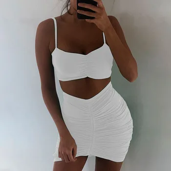 

Women Two Piece Set Strapless Bandage Club Tank Tops and High Waist Pleated Skirt