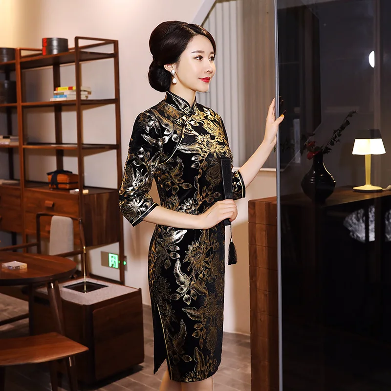 Китайское традиционное мини Чонсам женское бархатное платье бальное Qipao Размер M-5XL