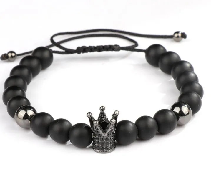 8mm th2 pave cz zircon cubic zirconia elastic adjusted Charm nature Black stone volcanic lava bead Crown Bracelet | Украшения и