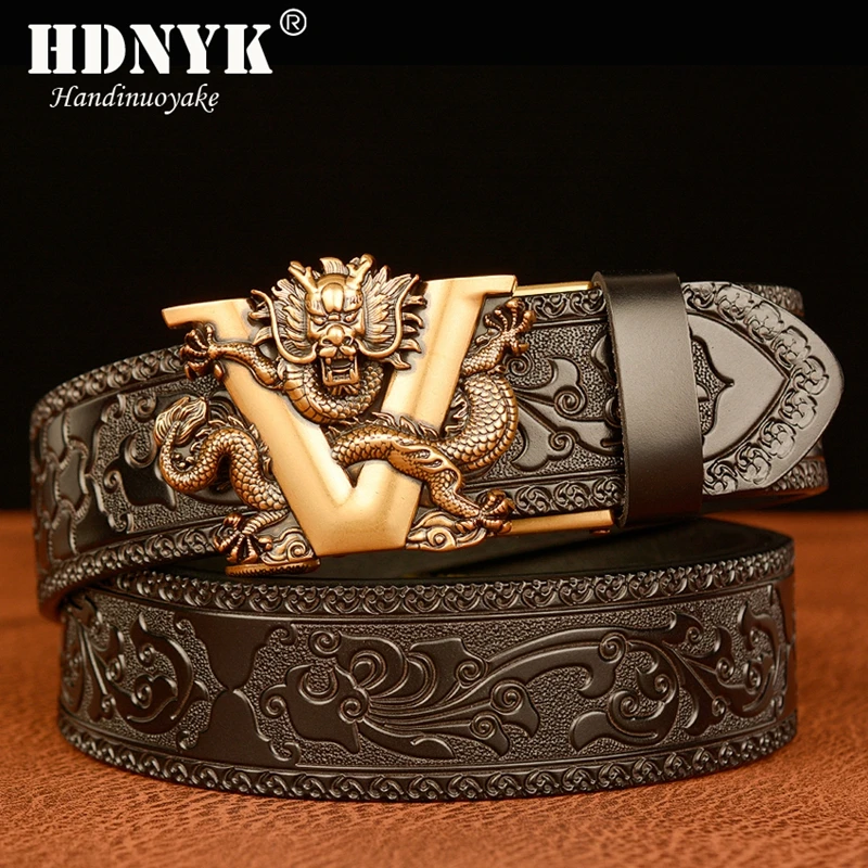 2021 New Arrivel Embossing Retro Technology Belts for Men Genuine Cowhide Leather Belt with V Dragon Pattern Automatic Buckle