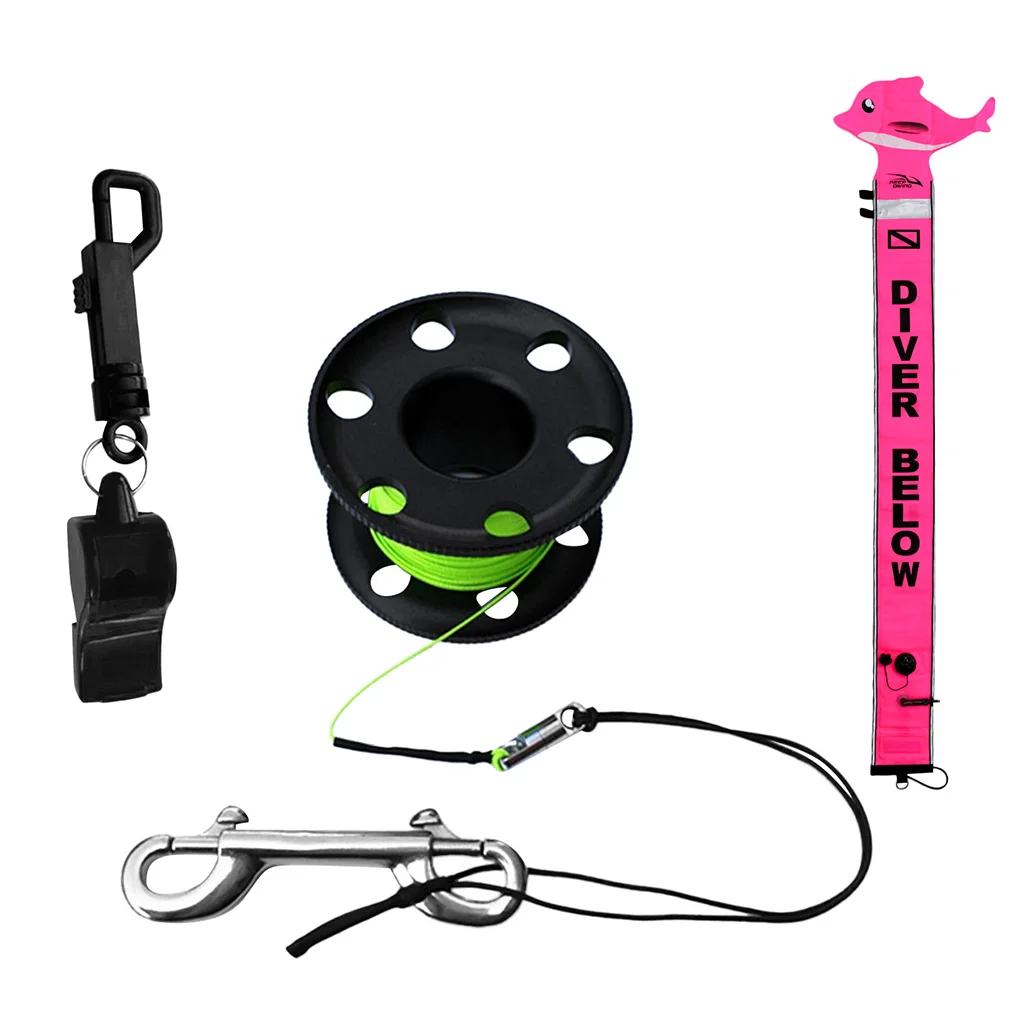 

High Visibility Diver Below SMB Surface Marker Buoy Roseo, Aluminum Finger Spool Wreck Cave Reel Survival Whistle