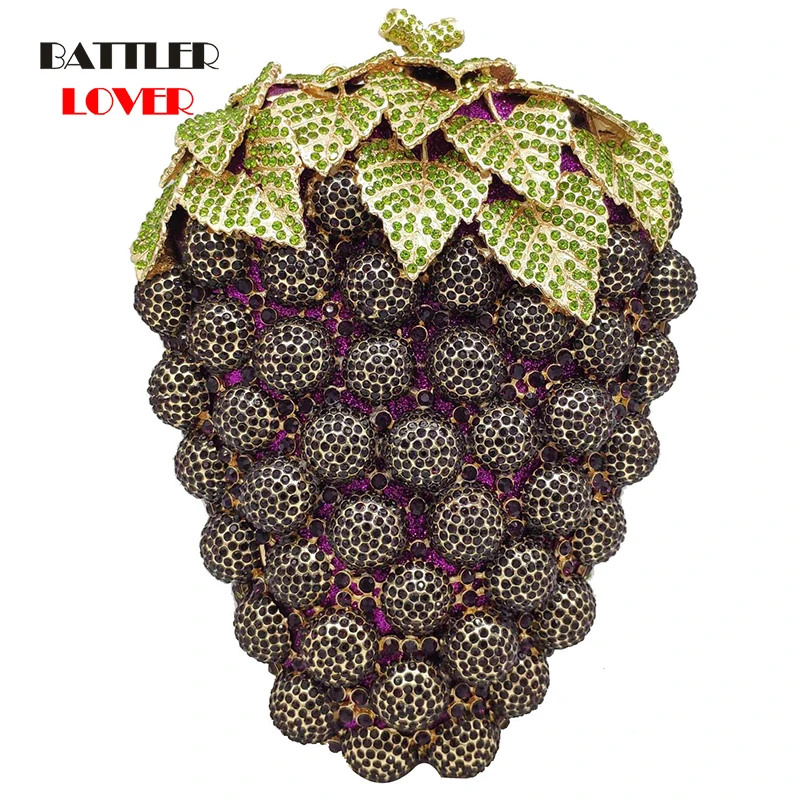 Diamond Women Minaudiere Clutch Evening Purses Novelty Grape Purple Wedding Cocktail Crystal Ladies Rhinestone Handbag