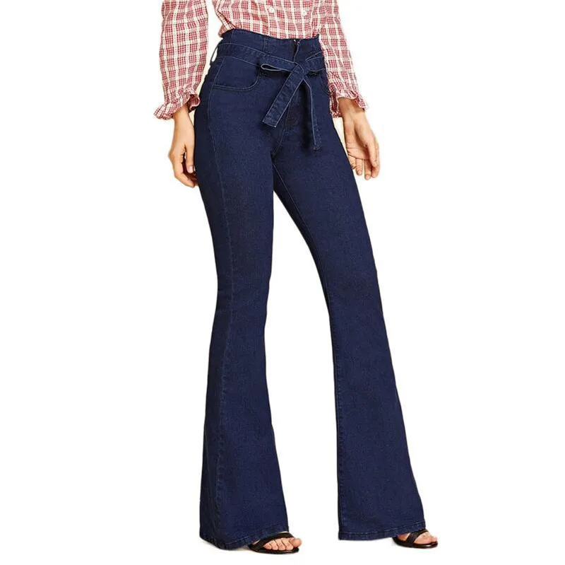 Navy Tie Waist Flare Jeans Woman Denim Trousers Vintage Women Clothes Fall High Waist Pants Belted Stretchy Jeans