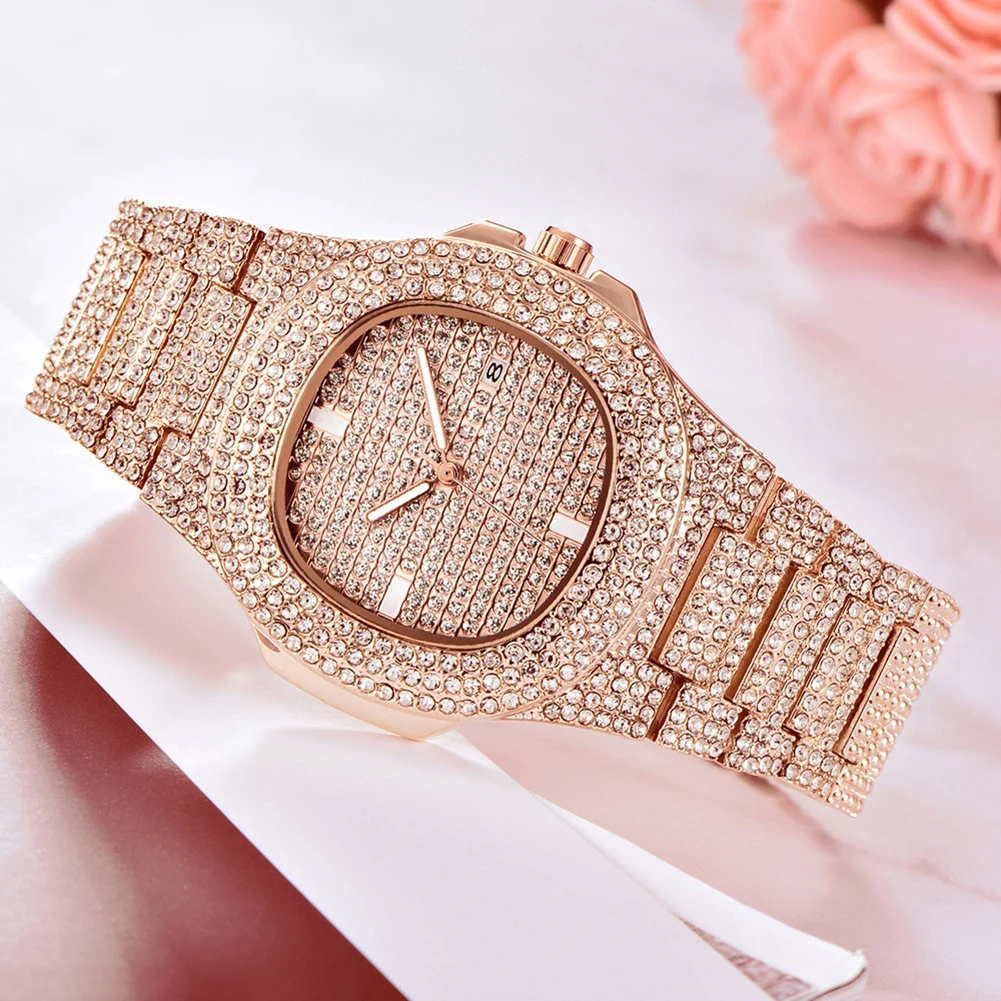 Unisex Fashion Simple Casual Adjustable Rhinestone Inlaid Round Dial Analog Quartz Wrist Watch Gift Hot Sale