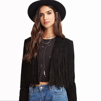 

European Punk Style Turn-down Collar Tassel Design Back Long Sleeves Suede Jacket Black Motor Pattern Coat TA02800193