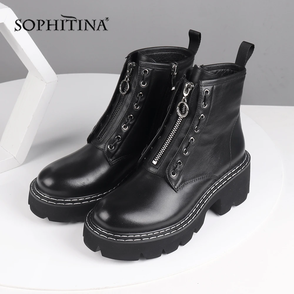 SOPHITINA/Женские ботинки на осень и зиму. Модная удобная обувь из коровьей кожи высокого качества на молнии сбоку и спереди. Ботильоны с округленным носком на толстой и легкой подошве. Стильные ботинки. Новинки.SC483