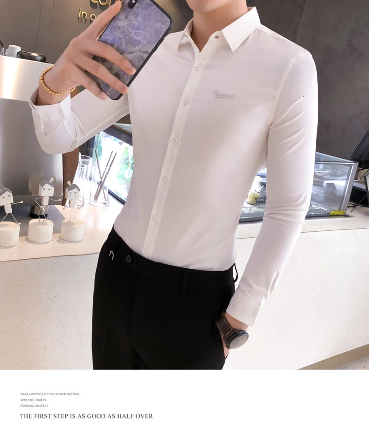 Kemeja Pria, приталенная Мужская рубашка с длинным рукавом, весна, Social Club Prom рубашка, Camisa Masculina, новая Корейская вышитая рубашка для мужчин