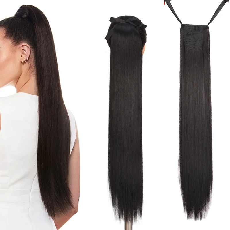 Allaosify-coletero superlargo de 32 pulgadas para mujer, peluca con Clip para mujer, pelo largo recto negro y marrón, extensión para coleta