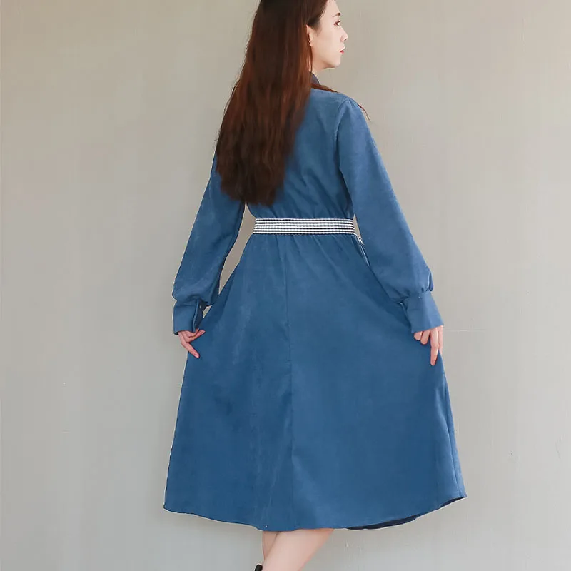 2020 Mori Girl Autumn Spring Women Dress Long Sleeve Vintage Corduory Dress Turn-Down Collar Blue Elastic-Waisted Ribbon Dresses