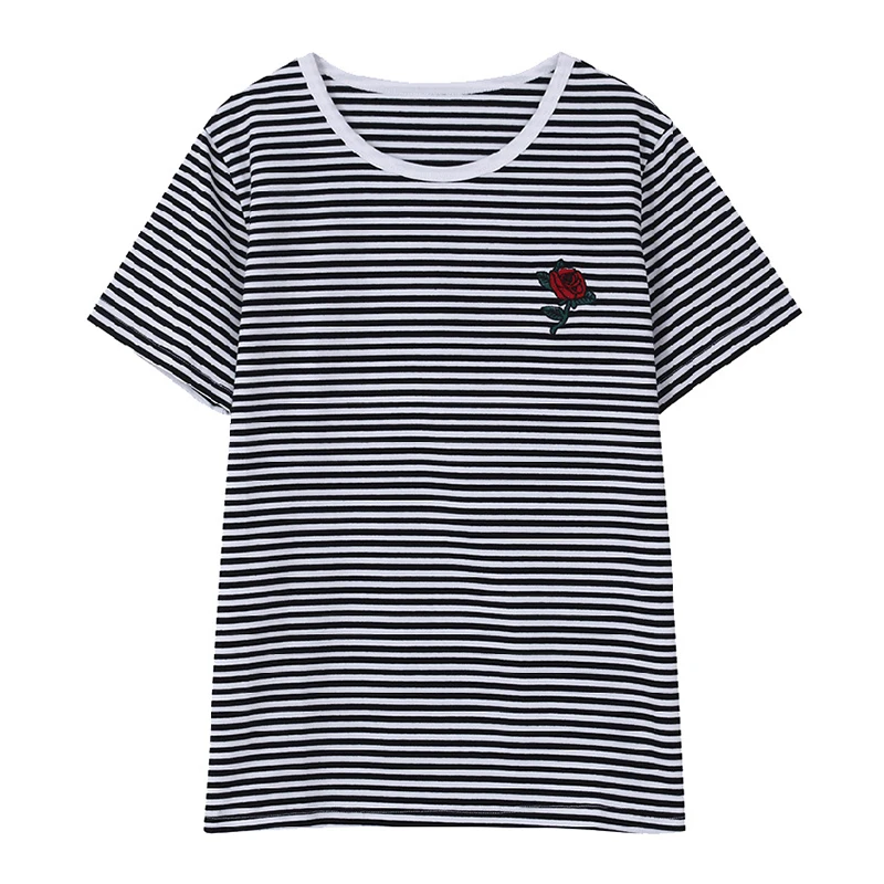 

Rose Embroidery Striped Women T-shirt Short Sleeve 2020 Fashion Summer Hi-Street Oversized Hip Hop Tshirt Cotton Tee Shirts