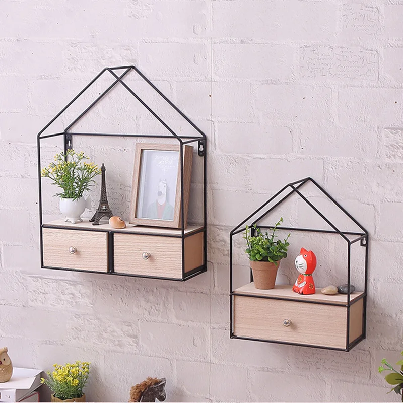 

Wood Iron Decorative Wall Shelf Geometric Single Double Drawer Wall Hanging Storage Rack Organizer Living Room Bedroom