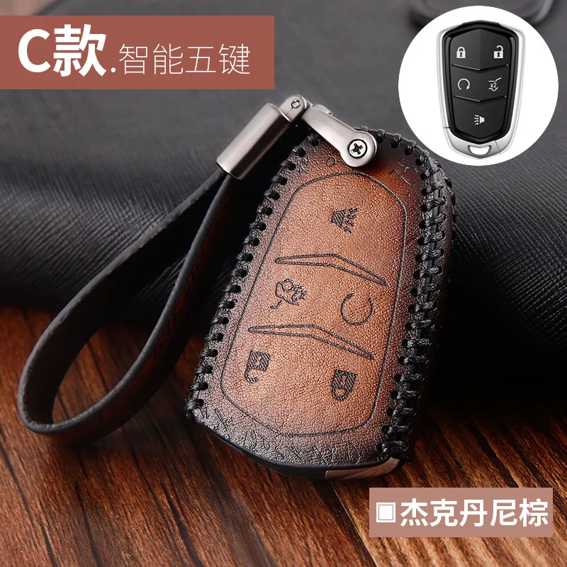 Genuine Leather Car Key Case Cover for Cadillac ATS CT6 CTS SRX XT5 XT4 SLS XTS XT6 ESCALADE XLR - Название цвета: Style C Brown