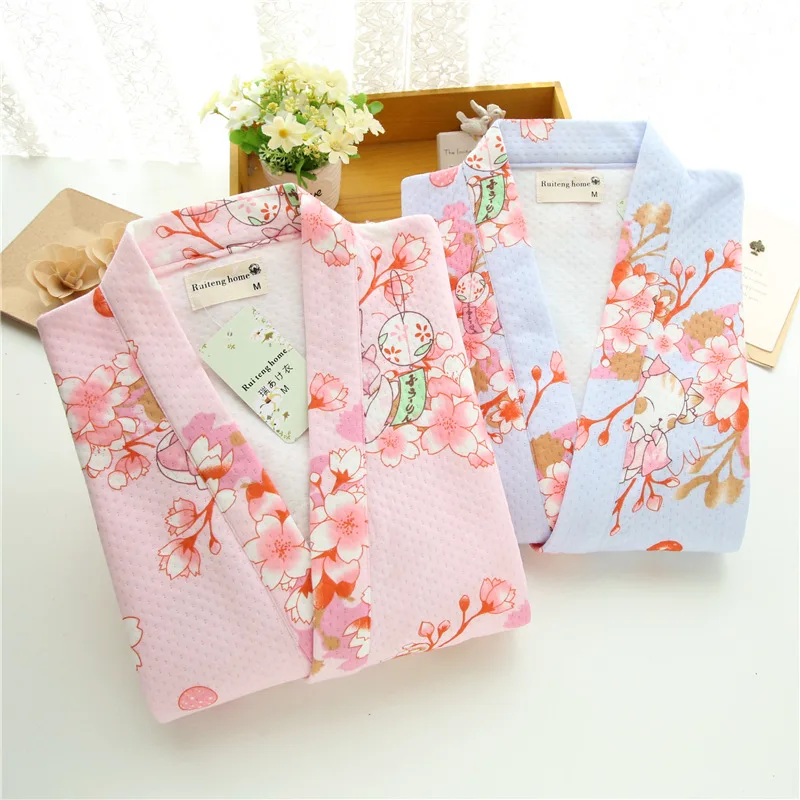 Rabbit Kimono Spring Summer Women's Half Sleeve Pajamas Set Pure Cotton Gauze Home Bathrobe Yukata Homewear Japanese Nightgown