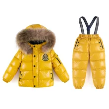 Зимний детский комплект с теплой курткой-пуховиком для температуры-30 градусов, красный водонепроницаемый пуховик для девочек+ плотные пуховые штаны, оранжевый лыжный костюм на пуху для мальчиков
