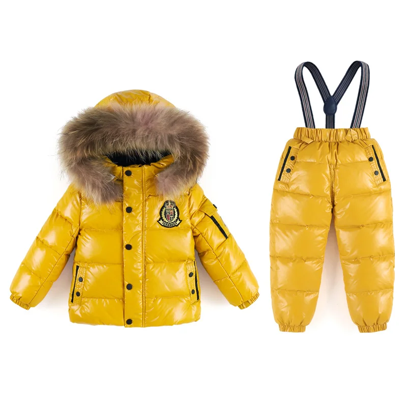 

-30 degree winter children's warm down jacket set Girls red waterproof down jacket + thick down pants Boy's Orange down ski suit