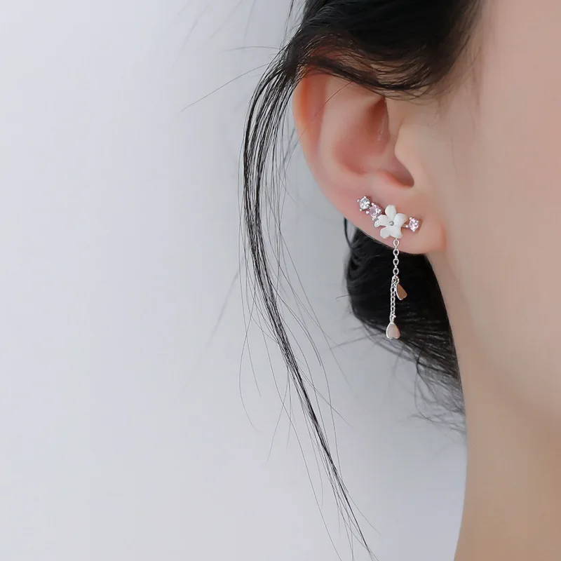 Silver Color Romantic Pink Cherry Blossom Shell Tassel Earrings for Women Girls Party Drop Earrings Jewelry Gifts
