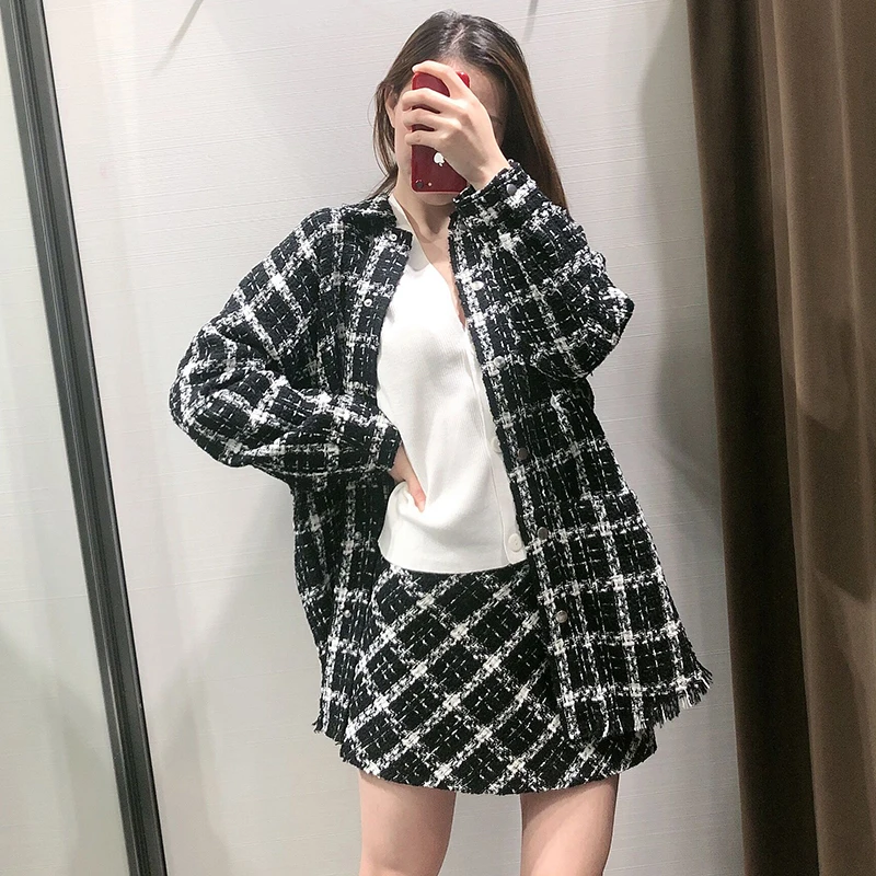 Autumn Plaid Blouse Women Long Sleeve Side Split Fashion Shirt Pockets Tassel Tops Turn Down Collar Lady Shirts Blusa Feminina