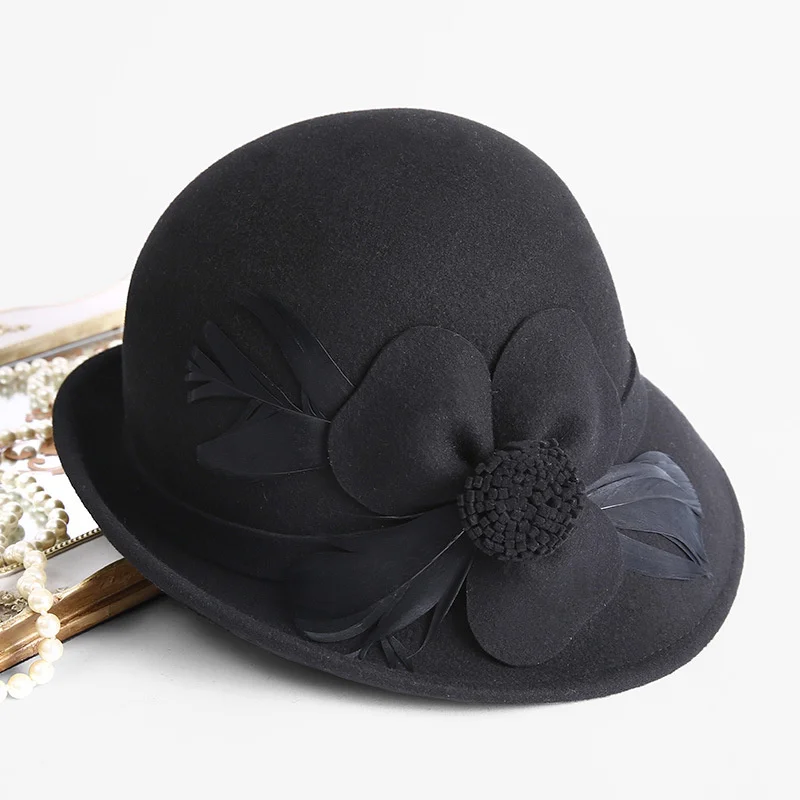 Hepburn Style Australia Wool Hat Woman Flower Cloche Cap Lady Felt Fedora