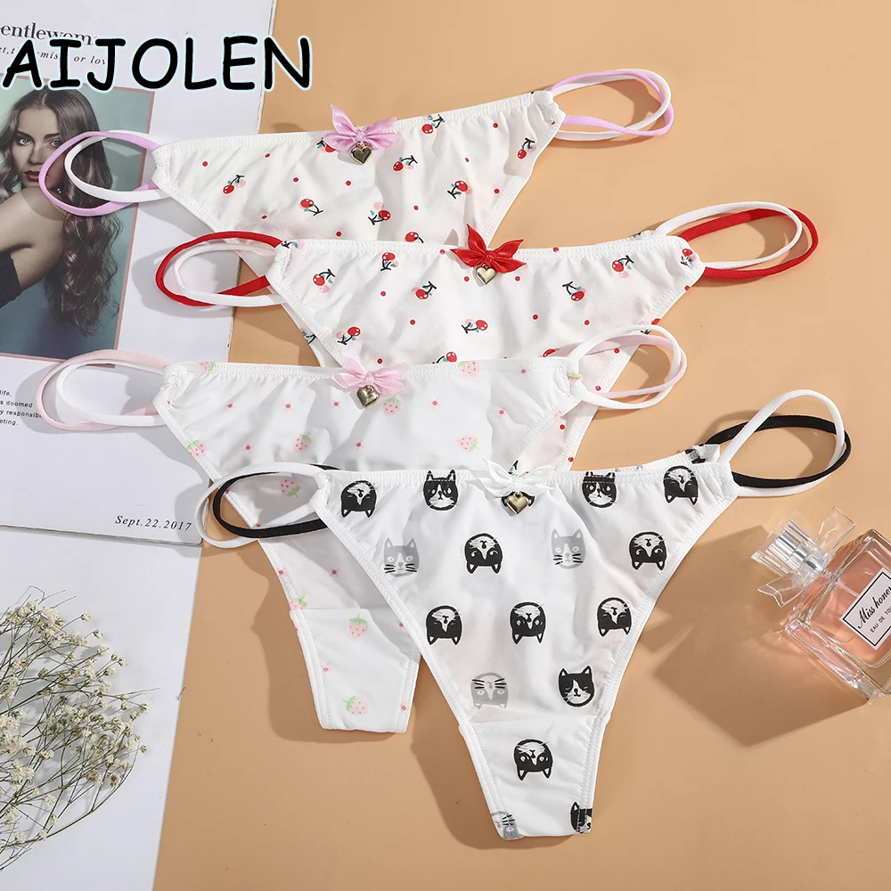 

AIJOLEN Bow knot Strawberry Cute Underpants White Printed Thin Band Thong and Sexy Ladies One Size Panties G String Underwear