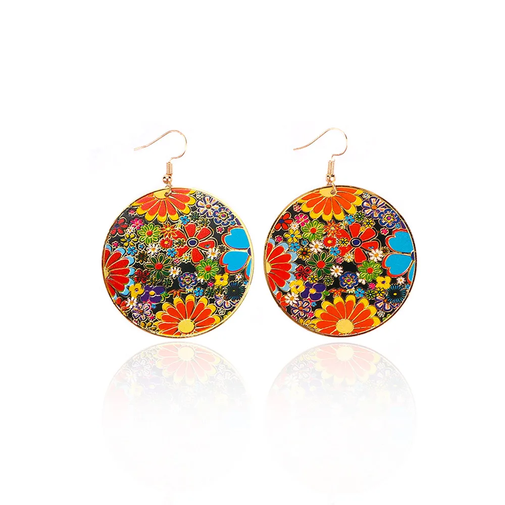 multicolor Винтажные летние цветочные серьги-гвоздики Мандала Круглые Цветочные Висячие серьги-капли для женщин Девушка племенная Эмаль Цветочный кулон - Окраска металла: multicolor