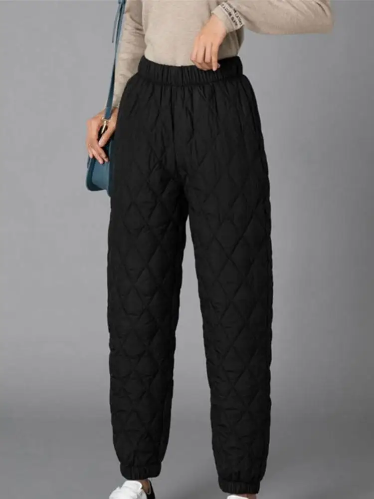 Women Winter Warm Down Cotton Pants Padded Quilted Trousers Elastic Waist Casual Trousers