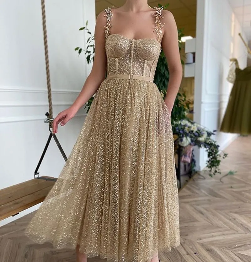 Verngo Glittery Gold Dotted Tulle Short Prom Dresses Pockets Shiny Straps Boning Tea Length Graguation Party Dress