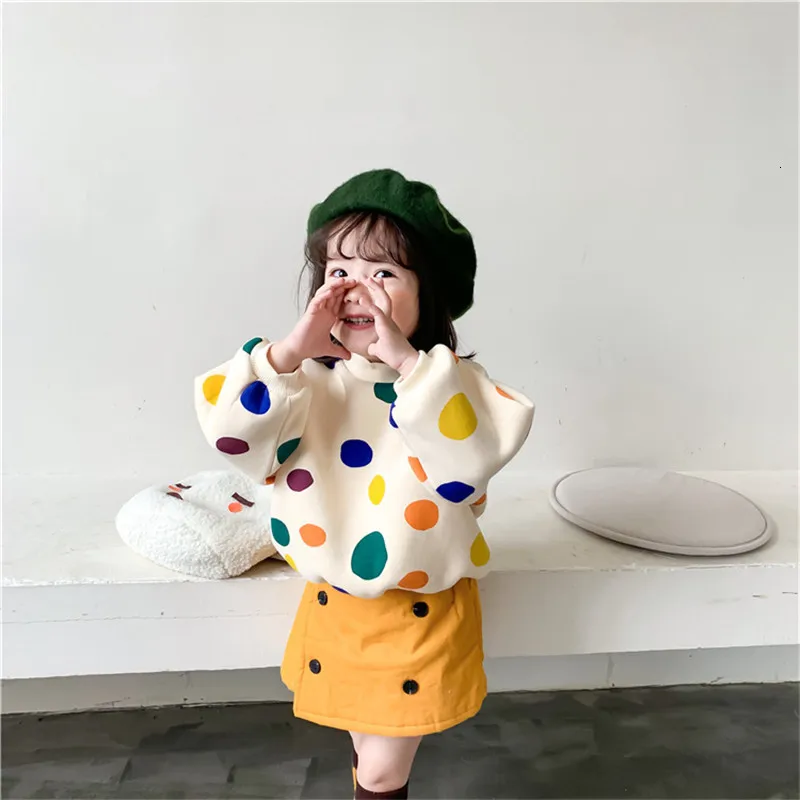 Толстовки с капюшоном для маленьких девочек 2, 3, 4, 5, 6 лет осенне-зимний утепленный свитер с длинными рукавами в цветной горошек для девочек, одежда для малышей