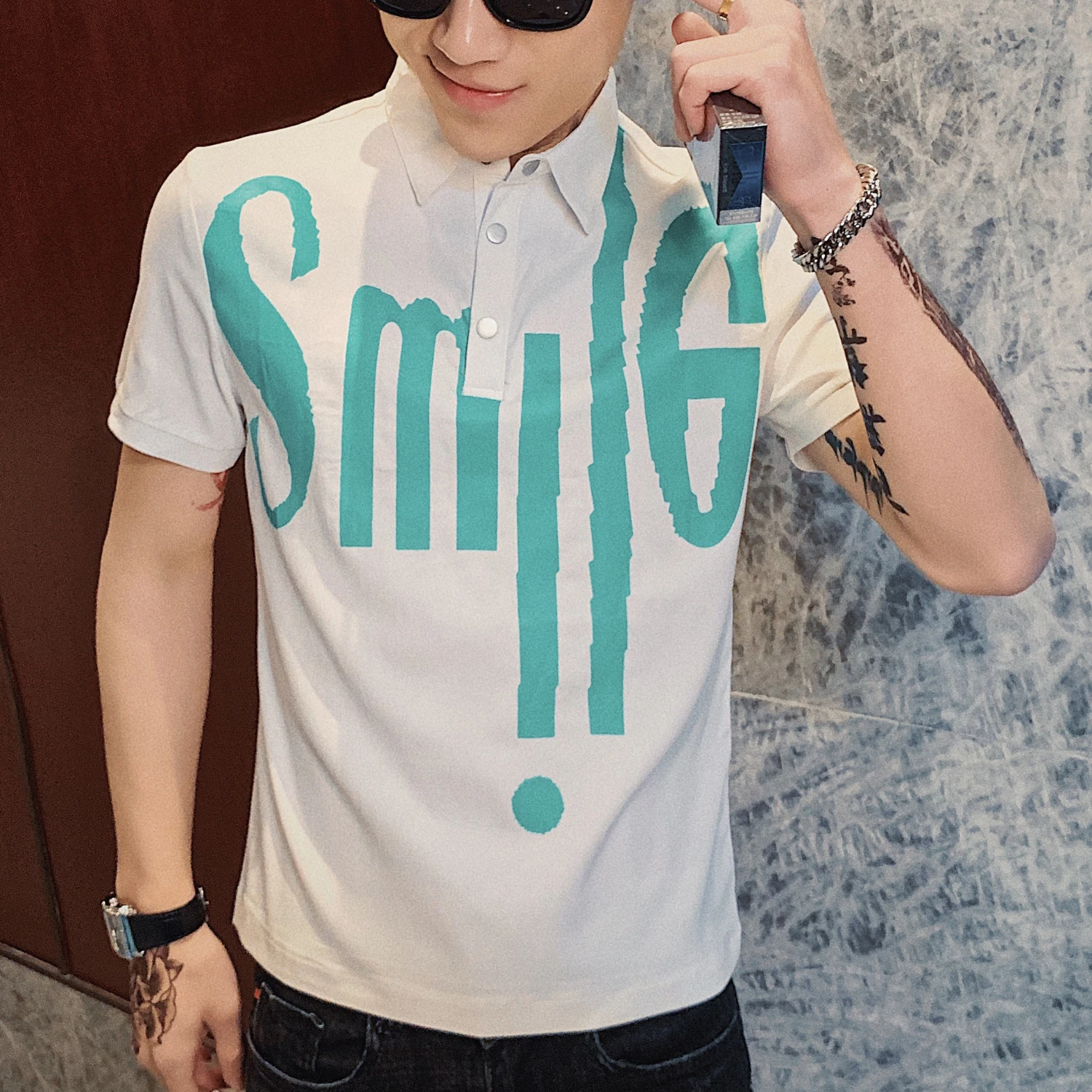 

Homme Casual Polo New Style Hot Selling Summer Letter Print Polo Shirt Men Korean-style Short Sleeve Slim Fit Polo Shirt Men